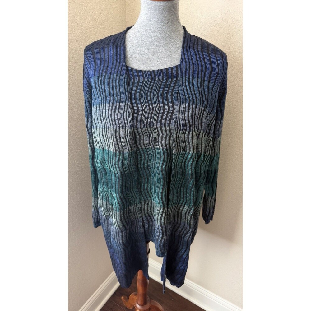Chico's Size L/XL Navy Multicolored Striped Open Front Cardigan with Knit Tank